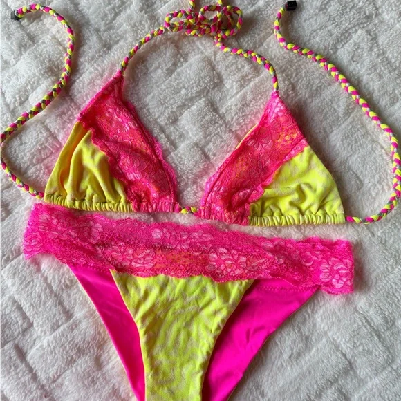 Beach Bunny Neon Dream bikini set XL neon green pink leopard lace - Picture 5 of 7